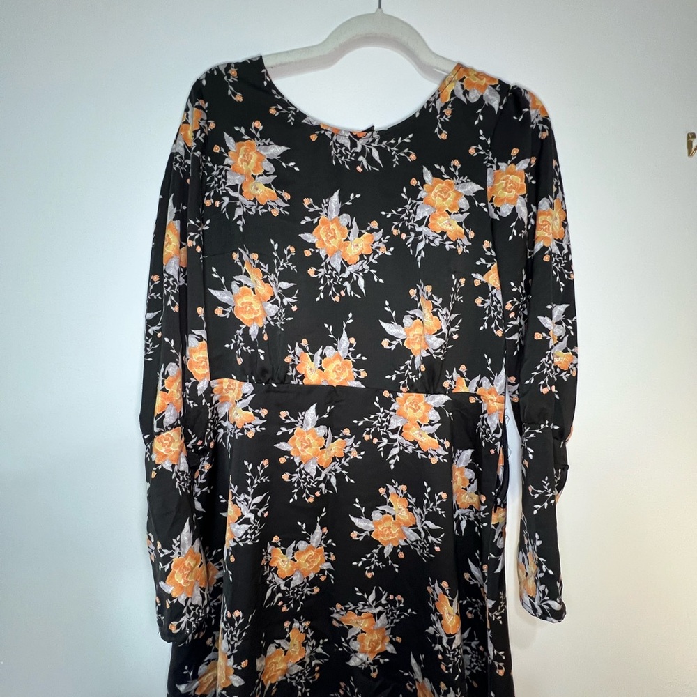 Free People - Long-Sleeved Mini Black Floral Dress with Orange Rose Print